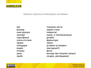 вес
размер
конструкция
паспорт
сертификат
соотв.етствия
проем
площадка
видео
отзывы
цена
прайс
толщина листа
марка стали
покрытие
шумо- и теплоизоляция
дизайн
фурнитура
замки
условия установки
(выгодные?)
фичи
выгода при покупке (акция,
скидка, распродажа)
 
Анализ спроса в поисковых системах
 