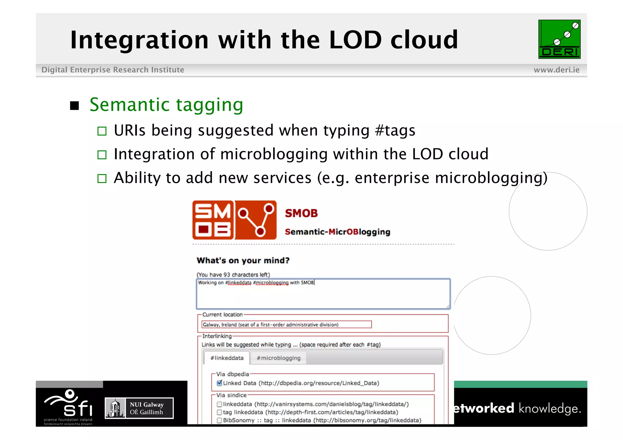 Integration with the LOD cloud
Digital Enterprise Research Institute                                       www.deri.ie




           Semantic tagging
                  URIs being suggested when typing #tags
                  Integration of microblogging within the LOD cloud
                  Ability to add new services (e.g. enterprise microblogging)
 