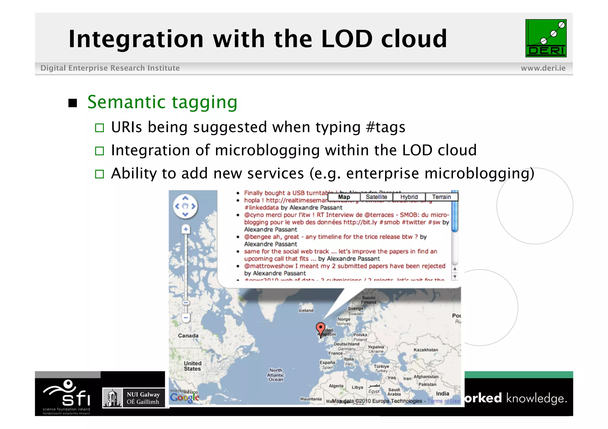 Integration with the LOD cloud
Digital Enterprise Research Institute                                       www.deri.ie




           Semantic tagging
                  URIs being suggested when typing #tags
                  Integration of microblogging within the LOD cloud
                  Ability to add new services (e.g. enterprise microblogging)
 