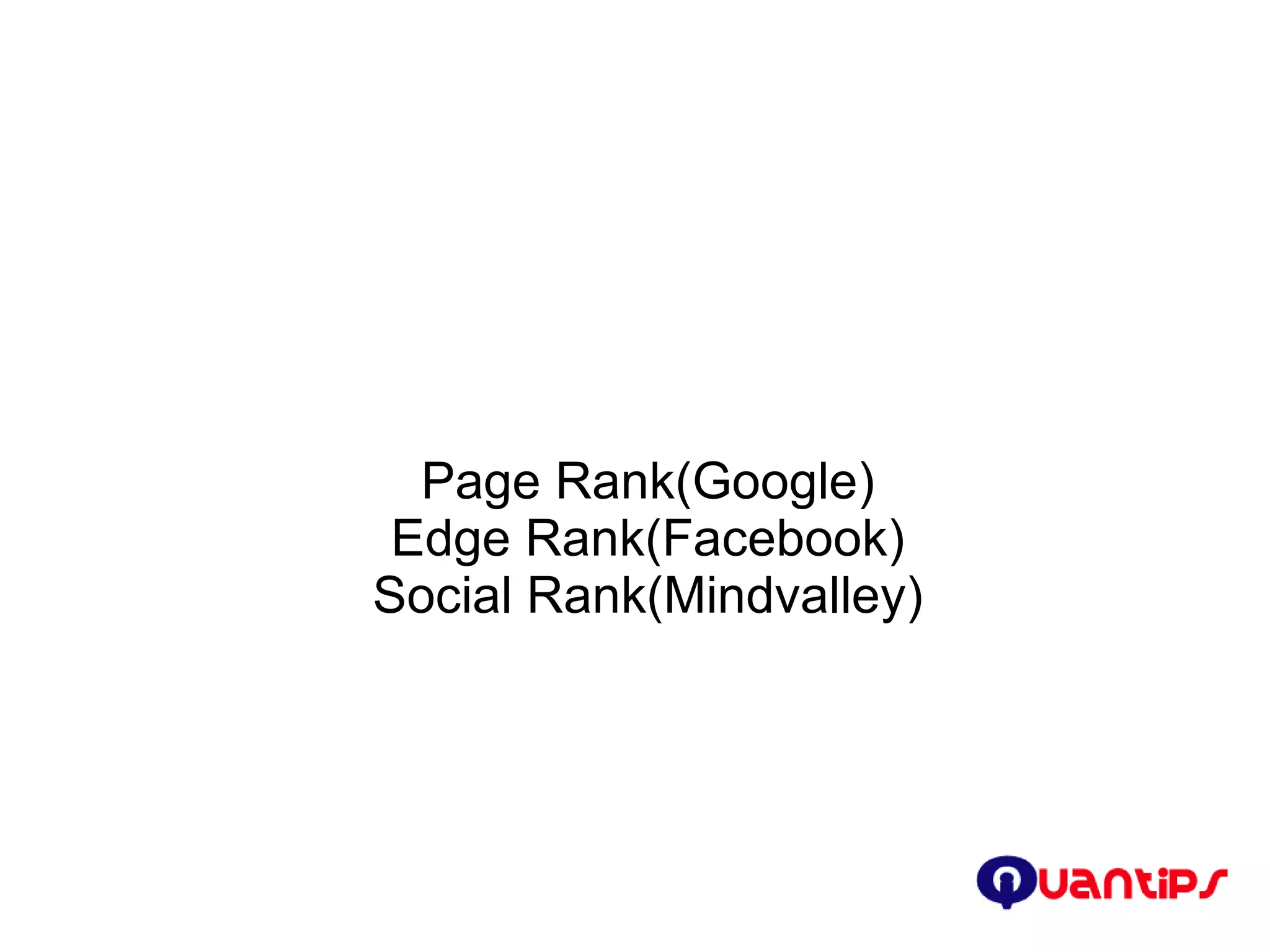 Page Rank(Google)‏ Edge Rank(Facebook)‏ Social Rank(Mindvalley)‏ 
