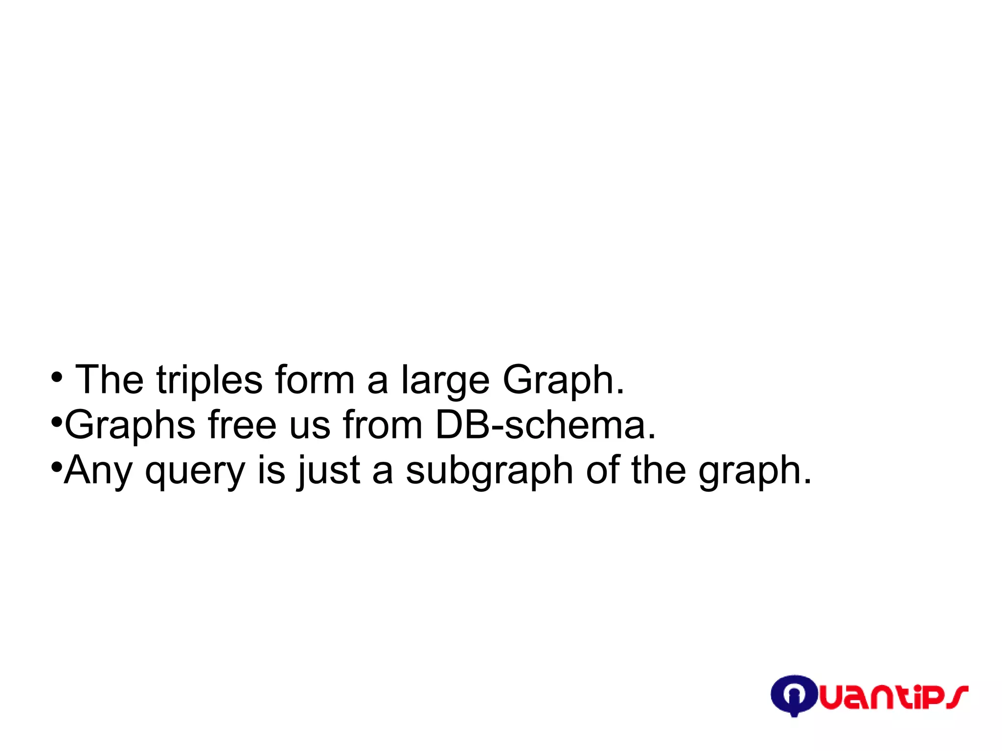 The triples form a large Graph. Graphs free us from DB-schema. Any query is just a subgraph of the graph. 