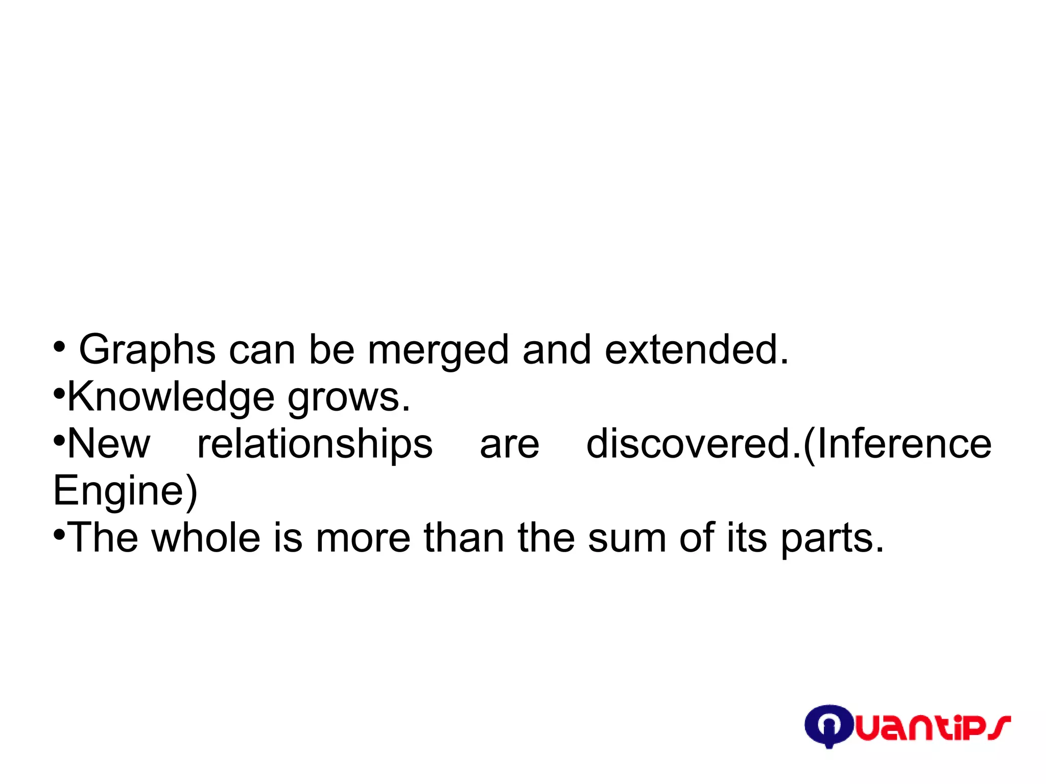 Graphs can be merged and extended. Knowledge grows. New relationships are discovered.(Inference Engine)‏ The whole is more than the sum of its parts. 