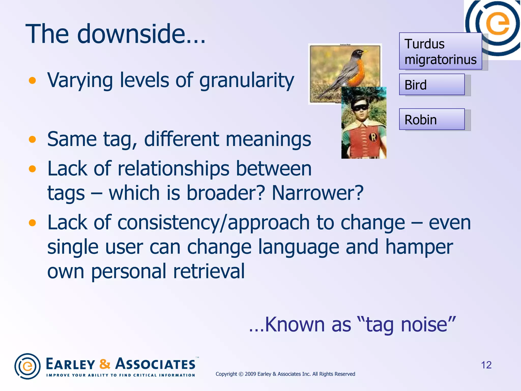 The downside… Varying levels of granularity Same tag, different meanings Lack of relationships between tags – which is broader? Narrower? Lack of consistency/approach to change – even single user can change language and hamper own personal retrieval Robin Bird Turdus migratorinus … Known as “tag noise” Copyright © 2009 Earley & Associates Inc. All Rights Reserved 