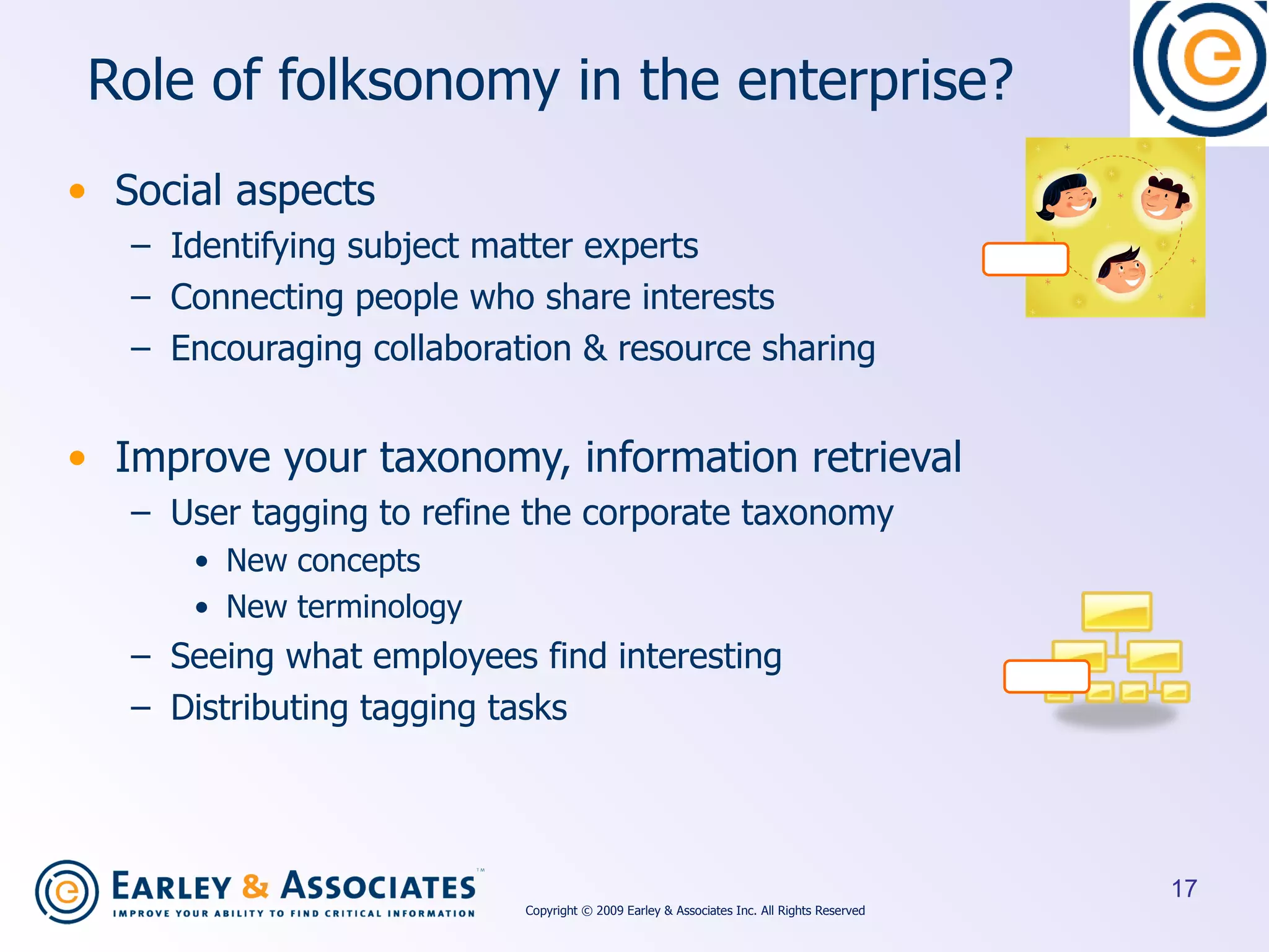 Role of folksonomy in the enterprise? Social aspects Identifying subject matter experts Connecting people who share interests Encouraging collaboration & resource sharing Improve your taxonomy, information retrieval User tagging to refine the corporate taxonomy New concepts New terminology Seeing what employees find interesting Distributing tagging tasks Copyright © 2009 Earley & Associates Inc. All Rights Reserved 