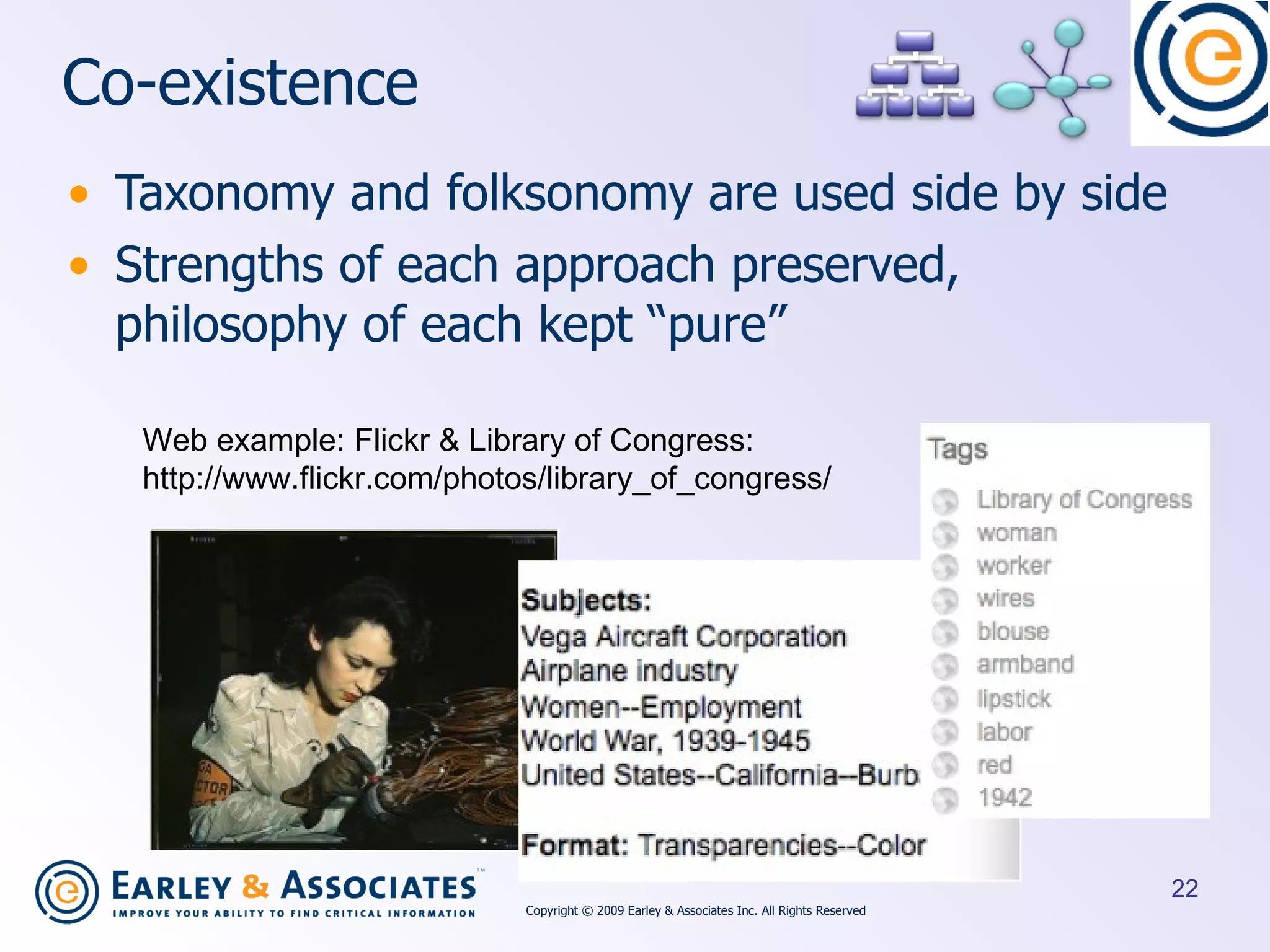 Co-existence Taxonomy and folksonomy are used side by side Strengths of each approach preserved, philosophy of each kept “pure” Web example: Flickr & Library of Congress:  http://www.flickr.com/photos/library_of_congress/ Copyright © 2009 Earley & Associates Inc. All Rights Reserved 