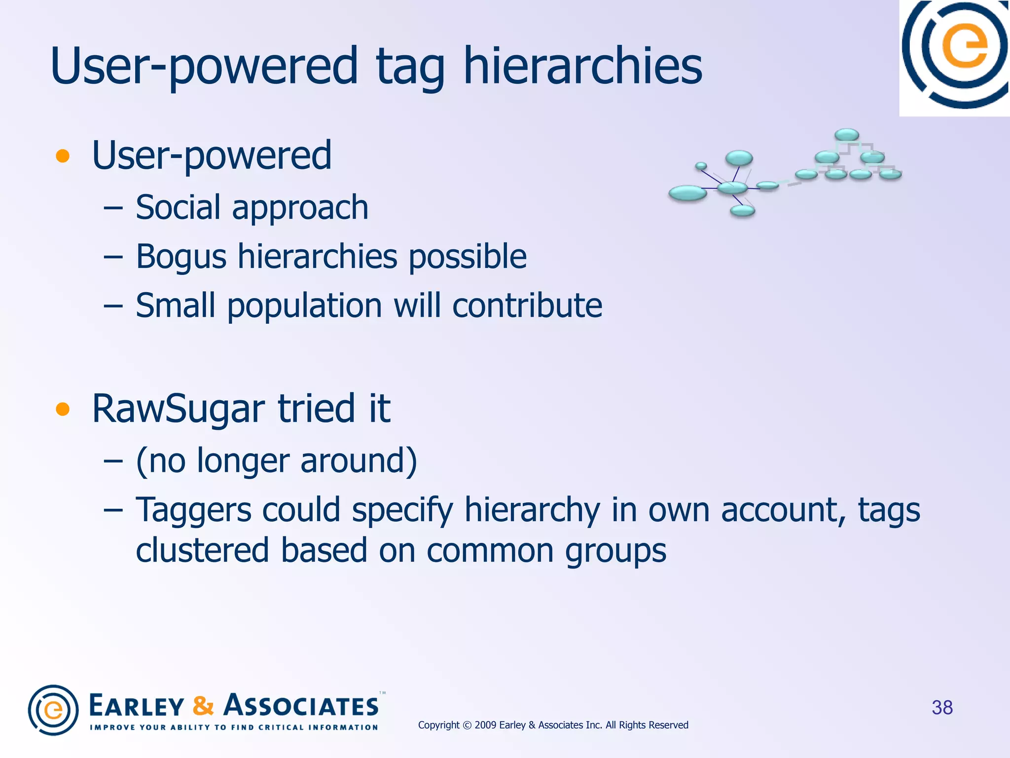 User-powered tag hierarchies User-powered Social approach Bogus hierarchies possible Small population will contribute RawSugar tried it  (no longer around)  Taggers could specify hierarchy in own account, tags clustered based on common groups Copyright © 2009 Earley & Associates Inc. All Rights Reserved 
