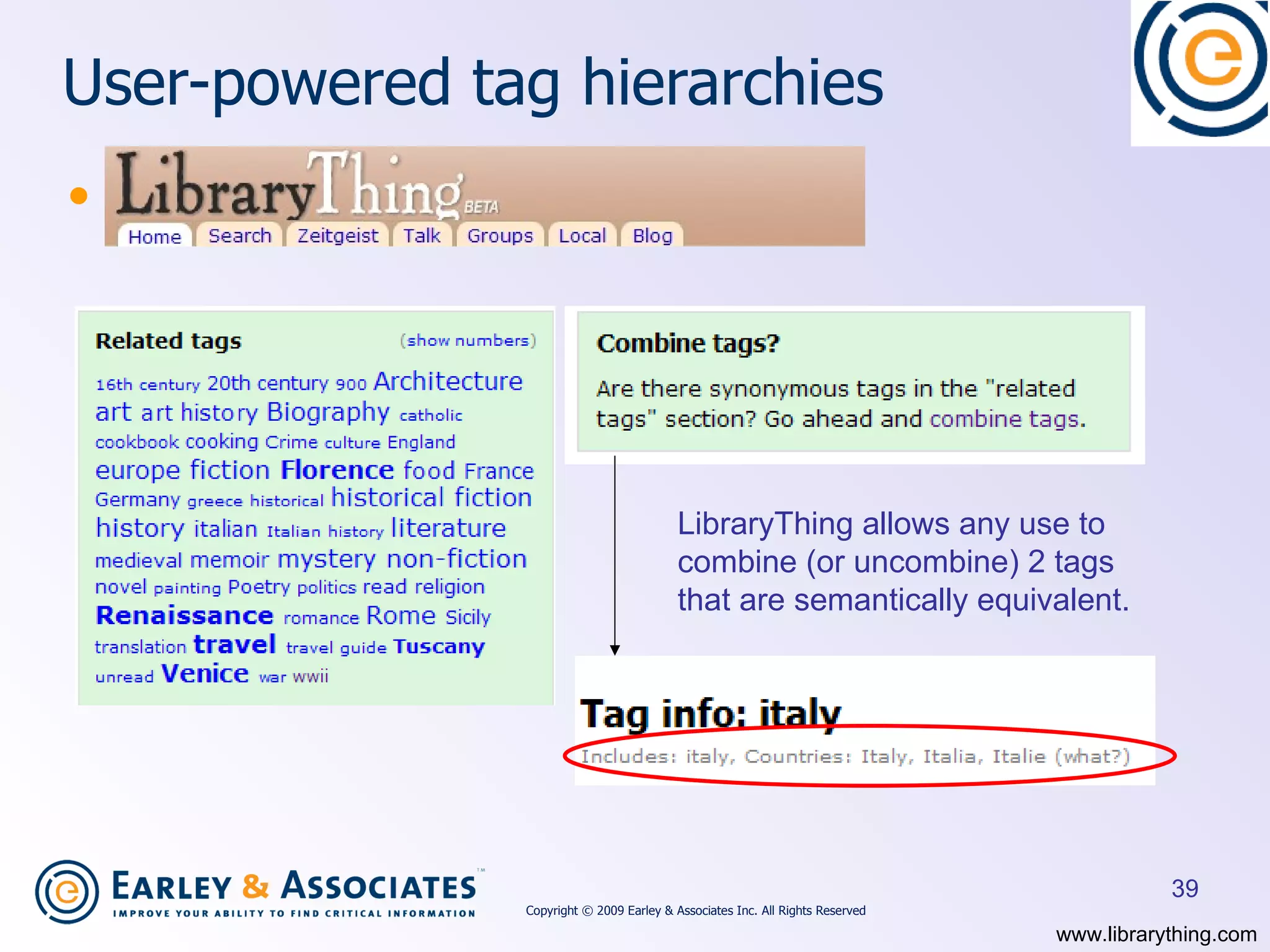 User-powered  tag hierarchies E.g. LibraryThing  LibraryThing allows any use to combine (or uncombine) 2 tags that are semantically equivalent. www.librarything.com Copyright © 2009 Earley & Associates Inc. All Rights Reserved 