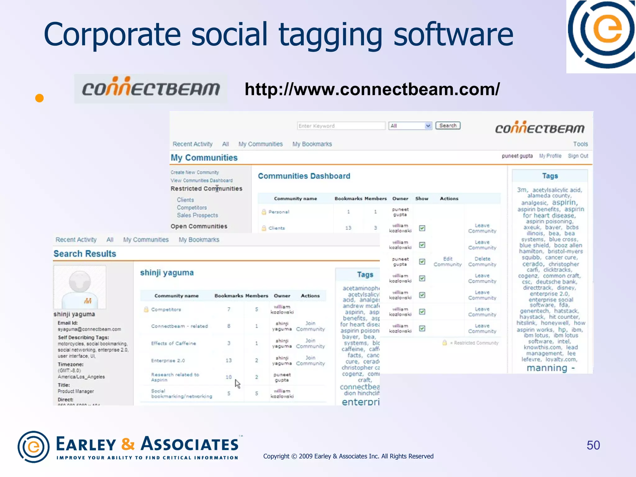 Corporate social tagging software http://www.connectbeam.com/ Copyright © 2009 Earley & Associates Inc. All Rights Reserved 