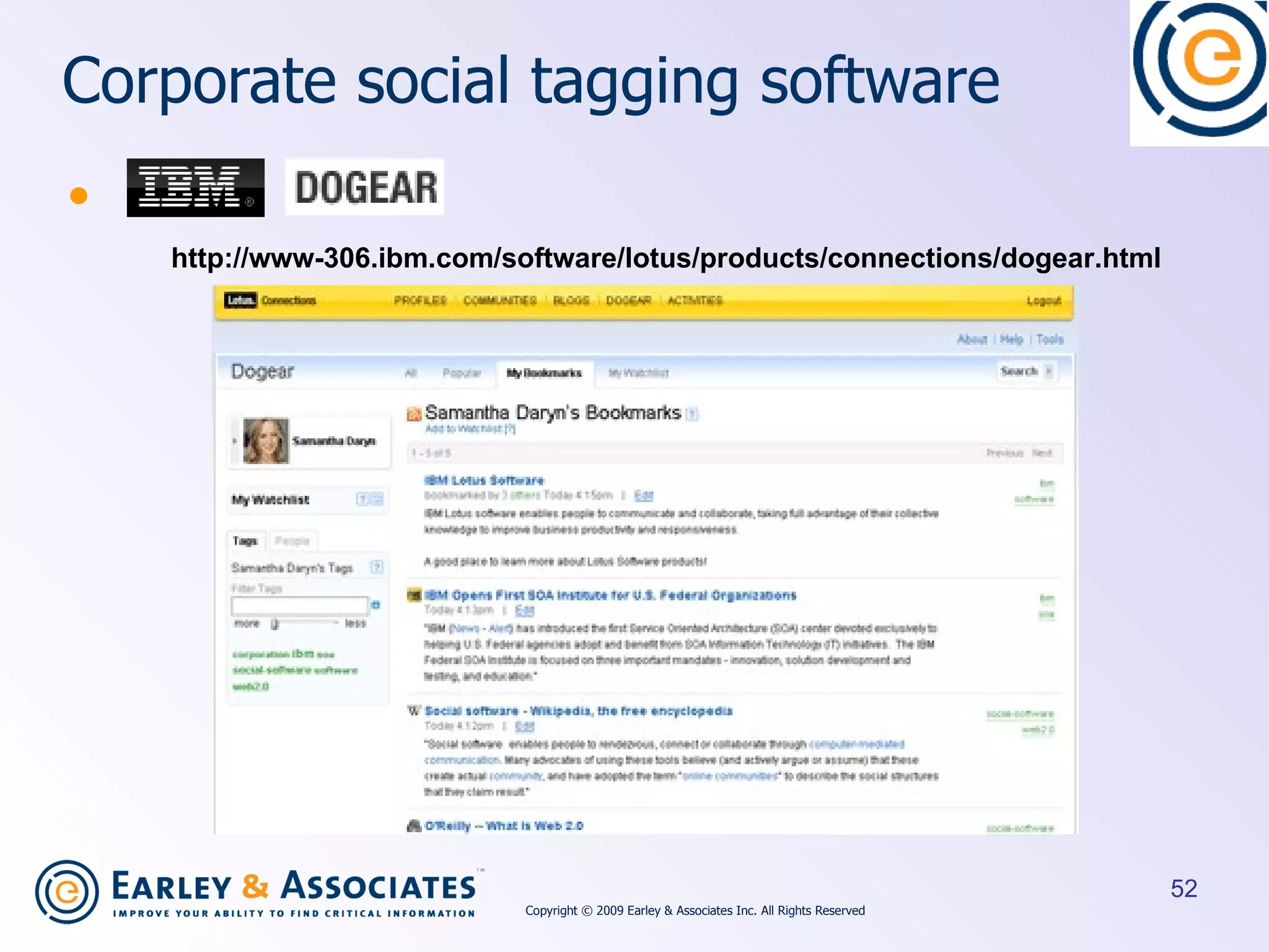 Corporate social tagging software http://www-306.ibm.com/software/lotus/products/connections/dogear.html Copyright © 2009 Earley & Associates Inc. All Rights Reserved 