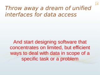 Why are there no frameworks?

• Because they are hard
• Because there's no specification up front
  (Frenzel failed)
• No ...