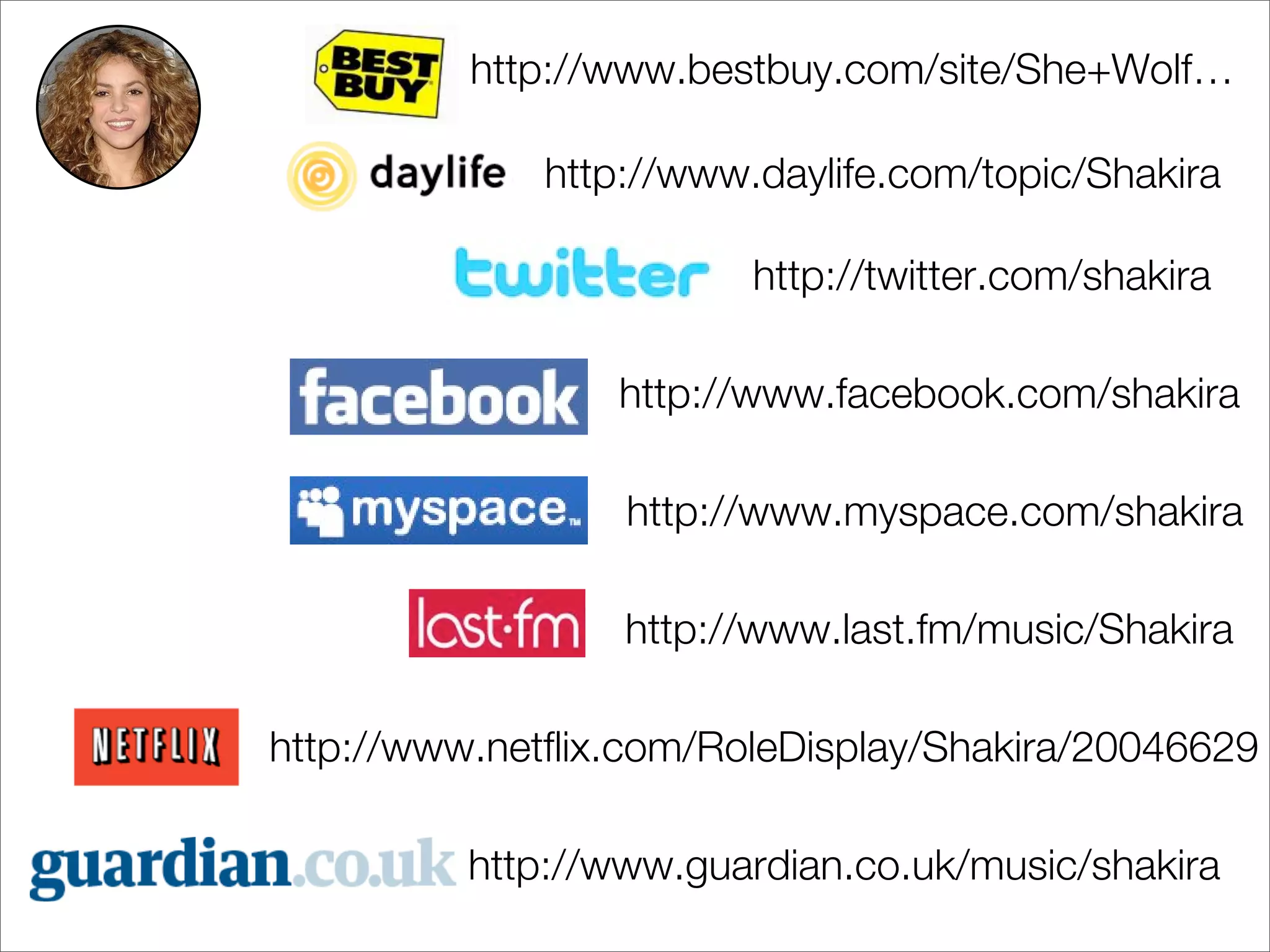 http://www.bestbuy.com/site/She+Wolf…

              http://www.daylife.com/topic/Shakira

                         http://twitter.com/shakira

                  http://www.facebook.com/shakira

                  http://www.myspace.com/shakira

                  http://www.last.fm/music/Shakira

http://www.netflix.com/RoleDisplay/Shakira/20046629

          http://www.guardian.co.uk/music/shakira
 