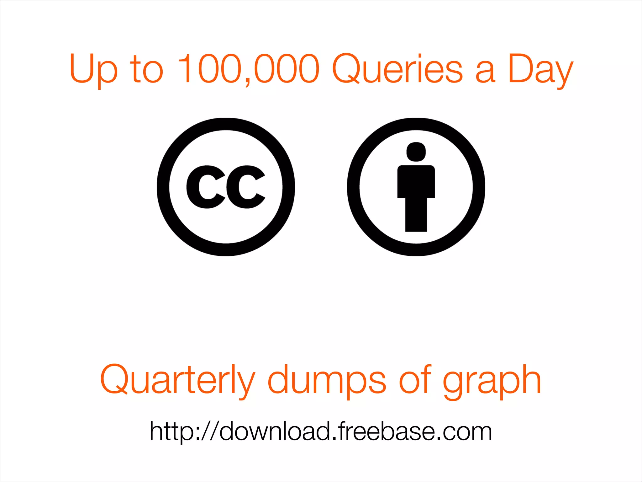 Up to 100,000 Queries a Day




 Quarterly dumps of graph
    http://download.freebase.com
 