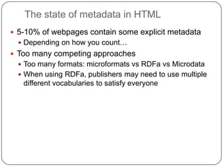 The state of metadata in HTML5-10% of webpages contain some explicit metadataDepending on how you count…Too many competing approachesToo many formats: microformats vs RDFa vs MicrodataWhen using RDFa, publishers may need to use multiple different vocabularies to satisfy everyone