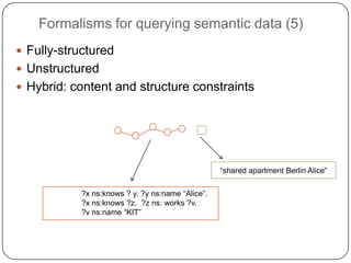 Types of semantic data - conclusionSemantic data in general can be conceived as a graph with text and structured data items as nodes, and edges represent different types of relationships including explicit semantic relationships and vaguely specified ones such as hyperlinks!