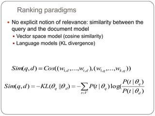 Using inverted index	keyword  {<el1, score, ...>, <el2, score, ...>,…} Exploration / “Join”