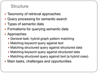 Structure<br />Taxonomy of retrieval approaches<br />Query processing for semantic search<br />Types of semantic data<br /...
