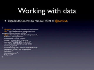 Working with data
    •    Expand documents to remove effect of @context.

{
   "@context": "http://drupal.example.org/con...