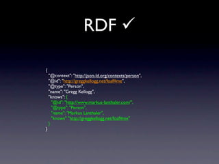 RDF 

{
    "@context": "http://json-ld.org/contexts/person",
    "@id": "http://greggkellogg.net/foaf#me",
    "@type": ...