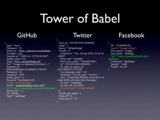 Tower of Babel
           GitHub                                                Twitter                                   Facebook
                                                  {
{                                                  "max_id": 195520745634406400,                  {
 "type": "User",                                   "page": 1,                                       "id": "1236600216",
 "followers": 35,                                  "query": "%40gkellogg",                          "name": "Gregg Kellogg",
 "html_url": "https://github.com/gkellogg",        "results": [{                                    "ﬁrst_name": "Gregg",
 "hireable": true,                                   "created_at": "Thu, 26 Apr 2012 14:32:33       "last_name": "Kellogg",
 "created_at": "2009-01-13T16:58:46Z",           +0000",                                            "link": "https://www.facebook.com/
 "public_repos": 44,                                 "from_user": "kendall",                      gkellogg",
 "blog": "http://greggkellogg.net",                  "from_user_name": "Kendall Clark",             "username": "gkellogg",
 "bio": "Gregg is a Standards Architect ...",        "id": 195520745634406400,                      "gender": "male",
 "gravatar_id":                                      "in_reply_to_status_id":                       "locale": "en_US"
"42f948adff3afaa52249d963117af7c8",              195518881811529729,                              }
 "following": 35,                                    "iso_language_code": "en",
 "company": "Self",                                  "metadata": {"result_type": "recent"},
 "public_gists": 4,                                  "text": "@Gkellogg Multiple resources in a
 "location": "San Rafael, CA",                   single JSON-LD struct/doc/message.",
 "name": "Gregg Kellogg",                            "to_user": "Gkellogg",
 "email": "gregg@kellogg-assoc.com",                 "to_user_id": 6125262,
 "url": "https://api.github.com/users/gkellogg",     "to_user_name": "Gregg Kellogg"
 "avatar_url": "...",                              }],
 "id": 46296,                                      "results_per_page": 1,
 "login": "gkellogg"                               "since_id": 0,
                                                   "since_id_str": "0"
                                                 }
 
