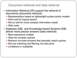 Document retrieval and data retrieval
 Information Retrieval (IR) support the retrieval of
  documents (document retrieva...