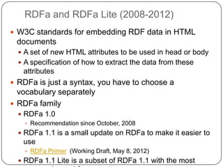 RDFa and RDFa Lite (2008-2012)
 W3C standards for embedding RDF data in HTML
 documents
   A set of new HTML attributes ...