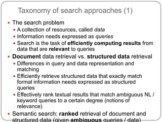 Taxonomy of search approaches (1)
 The search problem
   A collection of resources, called data
   Information needs ex...