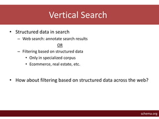 Vertical Search 
• Structured data in search 
– Web search: annotate search results 
OR 
– Filtering based on structured d...