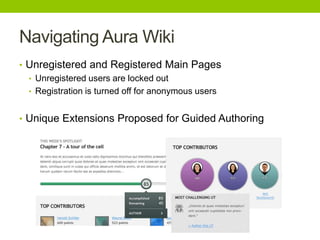 Navigating Aura Wiki
• Unregistered and Registered Main Pages
• Unregistered users are locked out
• Registration is turned off for anonymous users
• Unique Extensions Proposed for Guided Authoring
 