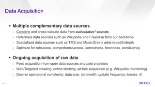 Data Acquisition
14
§  Multiple complementary data sources
›  Combine and cross-validate data from authoritative* sources
›  Reference data sources such as Wikipedia and Freebase form our backbone
›  Specialized data sources such as TMS and Music Brainz adds breadth/depth
›  Optimize for relevance, comprehensiveness, correctness, freshness, consistency
§  Ongoing acquisition of raw data
›  Feed acquisition from open data sources and paid providers
›  Web/Targeted crawling, online fetching, ad hoc acquisition (e.g. Wikipedia monitoring)
›  Deal w/ operational complexity: data size, bandwidth, update frequency, license, ©
 