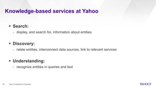 Knowledge-based services at Yahoo
32 Yahoo Confidential & Proprietary
§  Search:
›  display, and search for, information about entities
§  Discovery:
›  relate entities, interconnect data sources, link to relevant services
§  Understanding:
›  recognize entities in queries and text
 