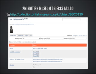 2M BRITISH MUSEUM OBJECTS AS LOD 
Eg http://collection.britishmuseum.org/id/object/EOC3130 
 