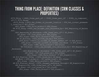THING FROM PLACE: DEFINITION (CRM CLASSES & 
PROPERTIES) 
FC70_Thing --(P46i_forms_part_of* | P106i_forms_part_of* | P148i_is_component_ 
of*)-> FC70_Thing: 
{FC70_Thing --(P53_has_former_or_current_location | P54_has_current_permanen 
t_location)-> E53_Place: 
{E53_Place --P89_falls_within*-> E53_Place} 
OR FC70_Thing --P92i_was_brought_into_existence_by-> E63_Beginning_of_Existe 
nce: 
{E63_Beginning_of_Existence --P9i_forms_part_of*-> E5_Event: 
{E5_Event --P7_took_place_at-> E53_Place: 
{E53_Place --P89_falls_within*-> E53_Place} 
OR E7_Activity --P14_carried_out_by-> E39_Actor: 
{E39_Actor --P107i_is_current_or_former_member_of* -> E39_Actor: 
{E39_Actor --P74_has_current_or_former_residence -> E53_Place: 
{E53_Place --P89_falls_within*-> E53_Place} 
OR E39_Actor --P92i_was_brought_into_existence_by-> E63_Beginning_of 
_Existence: 
{E63_Beginning_of_Existence --P9i_forms_part_of*-> E5_Event: 
{E5_Event --P7_took_place_at-> E53_Place: 
{E53_Place --P89_falls_within* -> E53_Place}}}}}}} 
OR E19_Physical_Thing --P25i_moved_by-> E9_Move: 
{E9_Move --(P26_moved_to | P27_moved_from)-> E53_Place: 
{E53_Place --P89_falls_within*-> E53_Place}} 
OR E19_Physical_Object --P24i_changed_ownership_through-> E8_Acquisition: 
{E8_Acquisition --P9i_forms_part_of*-> E5_Event: 
{E5_Event --P7_took_place_at-> E53_Place: 
{E53_Place --P89_falls_within*-> E53_Place}}}} 
 