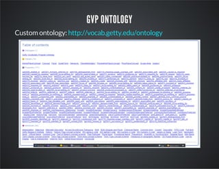 GVP ONTOLOGY 
Custom ontology: http://vocab.getty.edu/ontology 
 