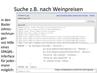 Suche z.B. nach Weinpreisen
in den
Basler
Jahres-
rechnun-
gen
mit Hilfe
eines
SPAQRL-
Inferface
für jeder-
mann
möglich: http://linkeddata.uriburner.com/sparql
 