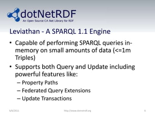 Leviathan - A SPARQL 1.1 Engine<br />Capable of performing SPARQL queries in-memory on small amounts of data (<=1m Triples...