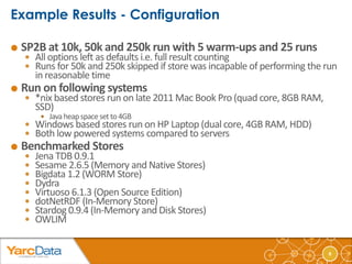    SP2B at 10k, 50k and 250k run with 5 warm-ups and 25 runs
     All options left as defaults i.e. full result counting
     Runs for 50k and 250k skipped if store was incapable of performing the run
        in reasonable time
   Run on following systems
     *nix based stores run on late 2011 Mac Book Pro (quad core, 8GB RAM,
        SSD)
          Java heap space set to 4GB
     Windows based stores run on HP Laptop (dual core, 4GB RAM, HDD)
     Both low powered systems compared to servers
   Benchmarked Stores
       Jena TDB 0.9.1
       Sesame 2.6.5 (Memory and Native Stores)
       Bigdata 1.2 (WORM Store)
       Dydra
       Virtuoso 6.1.3 (Open Source Edition)
       dotNetRDF (In-Memory Store)
       Stardog 0.9.4 (In-Memory and Disk Stores)
       OWLIM


                                                                             8
 