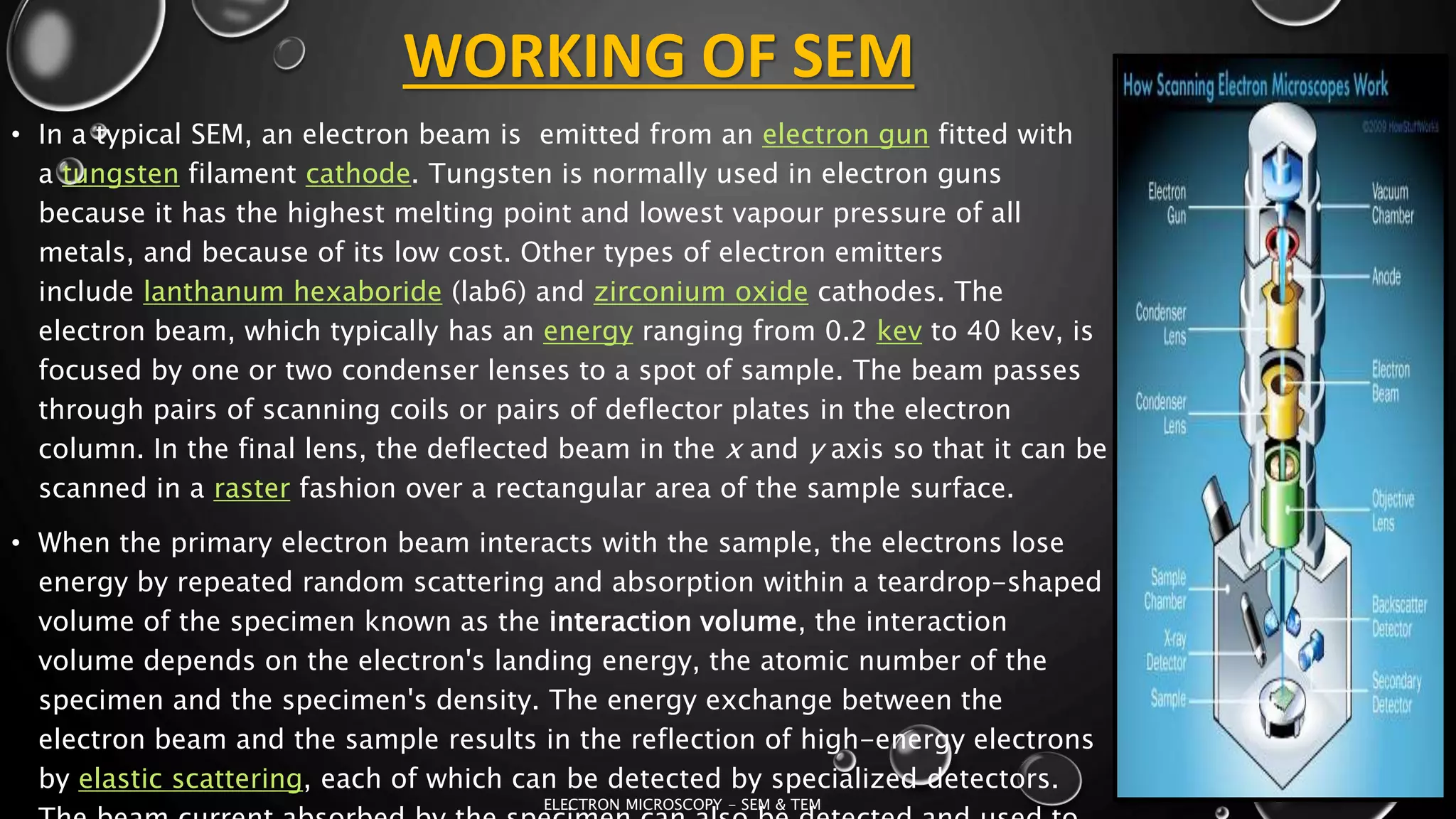 WORKING OF SEM
• In a typical SEM, an electron beam is emitted from an electron gun fitted with
a tungsten filament cathode. Tungsten is normally used in electron guns
because it has the highest melting point and lowest vapour pressure of all
metals, and because of its low cost. Other types of electron emitters
include lanthanum hexaboride (lab6) and zirconium oxide cathodes. The
electron beam, which typically has an energy ranging from 0.2 kev to 40 kev, is
focused by one or two condenser lenses to a spot of sample. The beam passes
through pairs of scanning coils or pairs of deflector plates in the electron
column. In the final lens, the deflected beam in the x and y axis so that it can be
scanned in a raster fashion over a rectangular area of the sample surface.
• When the primary electron beam interacts with the sample, the electrons lose
energy by repeated random scattering and absorption within a teardrop-shaped
volume of the specimen known as the interaction volume, the interaction
volume depends on the electron's landing energy, the atomic number of the
specimen and the specimen's density. The energy exchange between the
electron beam and the sample results in the reflection of high-energy electrons
by elastic scattering, each of which can be detected by specialized detectors.
17-01-2017
ELECTRON MICROSCOPY - SEM & TEM
12
 