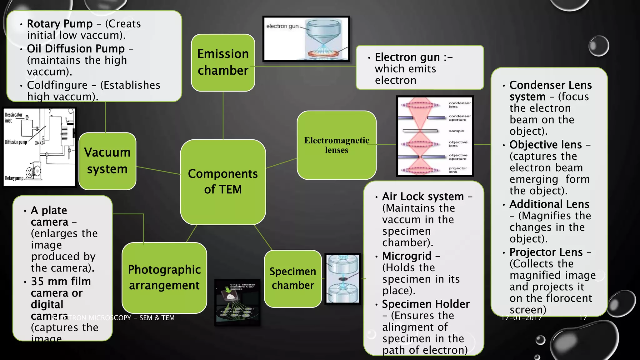 Components
of TEM
Emission
chamber
Electromagnetic
lenses
Specimen
chamber
Photographic
arrangement
Vacuum
system
• Electron gun :-
which emits
electron • Condenser Lens
system – (focus
the electron
beam on the
object).
• Objective lens –
(captures the
electron beam
emerging form
the object).
• Additional Lens
– (Magnifies the
changes in the
object).
• Projector Lens –
(Collects the
magnified image
and projects it
on the florocent
screen)
• Air Lock system –
(Maintains the
vaccum in the
specimen
chamber).
• Microgrid –
(Holds the
specimen in its
place).
• Specimen Holder
– (Ensures the
alingment of
specimen in the
path of electron)
• Rotary Pump – (Creats
initial low vaccum).
• Oil Diffusion Pump –
(maintains the high
vaccum).
• Coldfingure – (Establishes
high vaccum).
• A plate
camera –
(enlarges the
image
produced by
the camera).
• 35 mm film
camera or
digital
camera
(captures the
image
projected on
17-01-2017ELECTRON MICROSCOPY - SEM & TEM 17
 