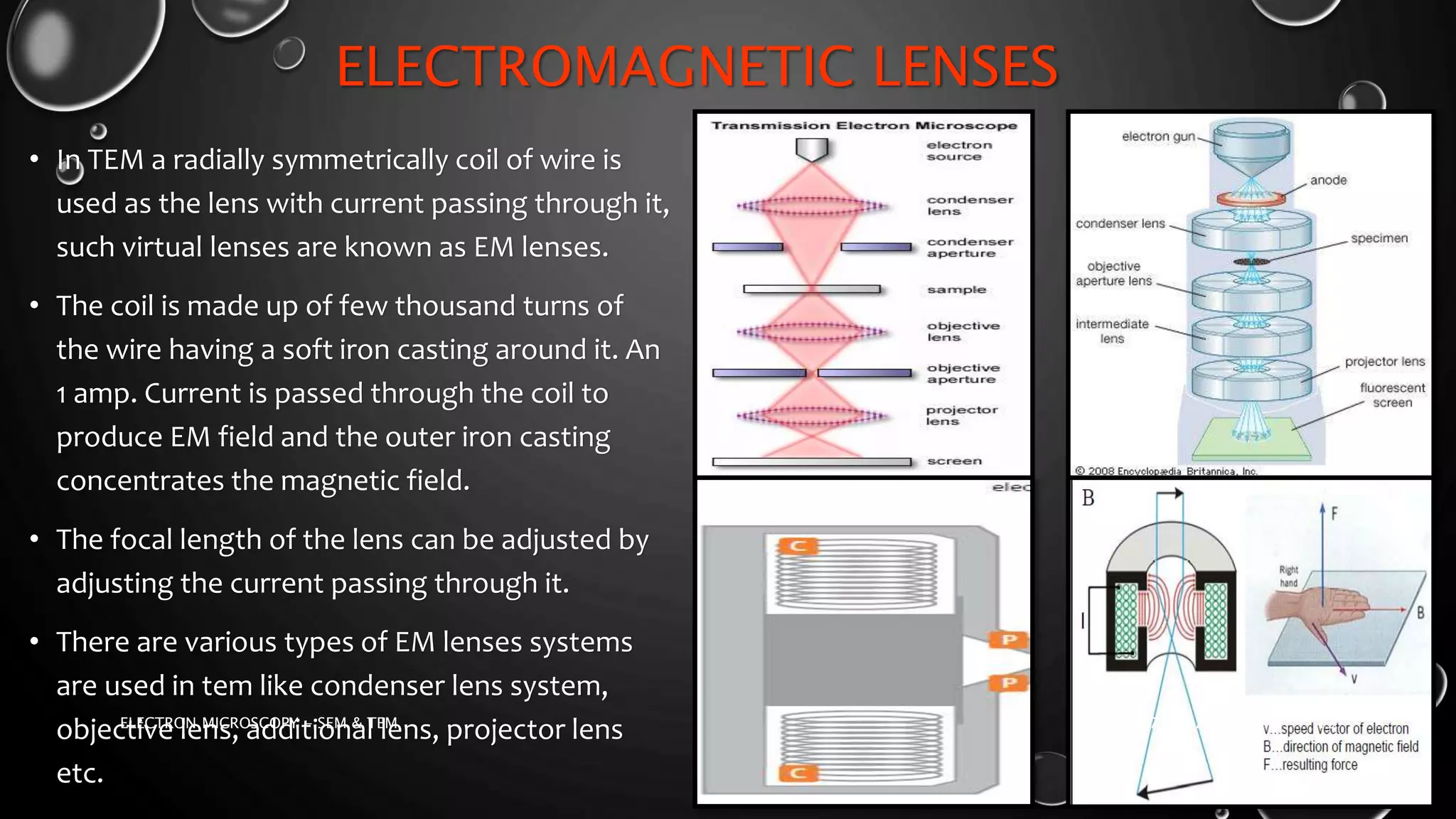 ELECTROMAGNETIC LENSES
• In TEM a radially symmetrically coil of wire is
used as the lens with current passing through it,
such virtual lenses are known as EM lenses.
• The coil is made up of few thousand turns of
the wire having a soft iron casting around it. An
1 amp. Current is passed through the coil to
produce EM field and the outer iron casting
concentrates the magnetic field.
• The focal length of the lens can be adjusted by
adjusting the current passing through it.
• There are various types of EM lenses systems
are used in tem like condenser lens system,
objective lens, additional lens, projector lens
etc.
17-01-2017ELECTRON MICROSCOPY - SEM & TEM 19
 