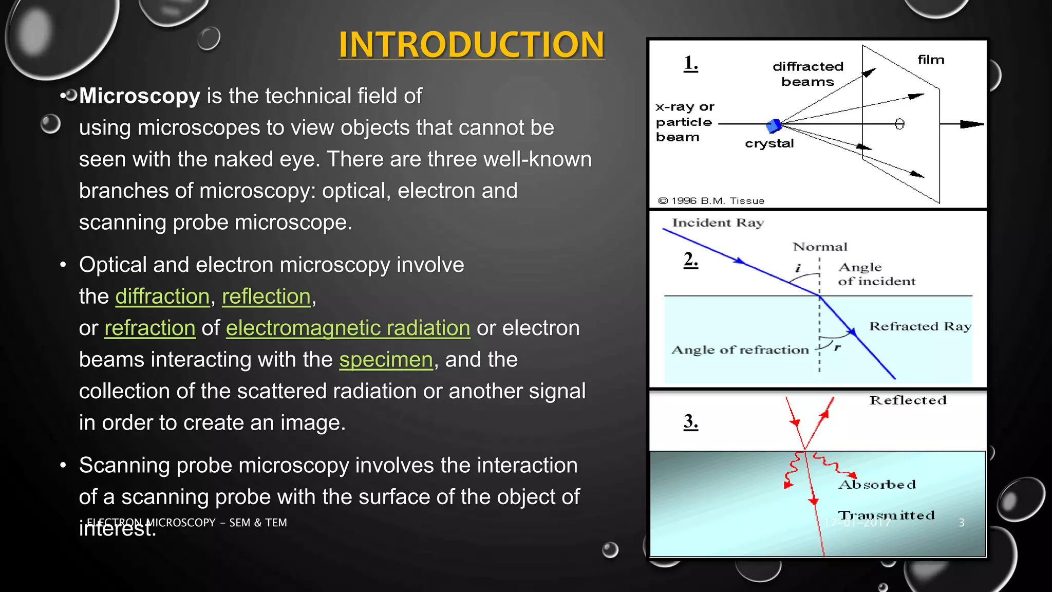 INTRODUCTION
• Microscopy is the technical field of
using microscopes to view objects that cannot be
seen with the naked eye. There are three well-known
branches of microscopy: optical, electron and
scanning probe microscope.
• Optical and electron microscopy involve
the diffraction, reflection,
or refraction of electromagnetic radiation or electron
beams interacting with the specimen, and the
collection of the scattered radiation or another signal
in order to create an image.
• Scanning probe microscopy involves the interaction
of a scanning probe with the surface of the object of
interest.
1..
2.
3.
17-01-2017ELECTRON MICROSCOPY - SEM & TEM 3
 