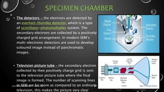 SPECIMEN CHAMBER
• The detectors - the electrons are detected by
an everhart-thornley detector, which is a type
of scintillator-photomultiplier system. The
secondary electrons are collected by a positively
charged grid arrangement. In modern SEM’s
multi-electronic detectors are used to develop
coloured image instead of panchromatic
images.
• Television picture tube – the secondary electron
collected by thee positively charge grid is sent
to the television picture tube where the final
image is formed. The number of scanning lines
in SEM are far more as compared to an ordinary
television, this makes the picture very clear 17-01-2017
ELECTRON MICROSCOPY - SEM & TEM
11
 
