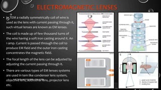 ELECTROMAGNETIC LENSES
• In TEM a radially symmetrically coil of wire is
used as the lens with current passing through it,
such virtual lenses are known as EM lenses.
• The coil is made up of few thousand turns of
the wire having a soft iron casting around it. An
1 amp. Current is passed through the coil to
produce EM field and the outer iron casting
concentrates the magnetic field.
• The focal length of the lens can be adjusted by
adjusting the current passing through it.
• There are various types of EM lenses systems
are used in tem like condenser lens system,
objective lens, additional lens, projector lens
etc.
17-01-2017ELECTRON MICROSCOPY - SEM & TEM 19
 