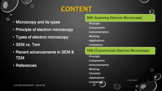 CONTENT
• Microscopy and its types
• Principle of electron microscopy
• Types of electron microscopy
• SEM vs. Tem
• Recent advancements in SEM &
TEM
• References
17-01-2017
ELECTRON MICROSCOPY - SEM & TEM
2
SEM (Scanning Electron Microscope)
•Principle
•Components
•Instrumentation
•Working
•Applications
•Limitations
TEM (Transmission Electron Microscope)
•Principle
•Components
•Instrumentation
•Working
•Checklist
•Applications
•Limitations
 