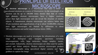 PRINCIPLE OF ELECTRON
MICROSCOPE• An electron microscope is a microscope that uses a beam of
accelerated electrons as a source of illumination. As the wavelength of an
electron can be up to 100,000 times shorter than that of visible
light photons, electron microscopes have a higher resolving
power than light microscopes and can reveal the structure of smaller
objects. A transmission electron microscope can achieve better than
50 pm resolution and magnifications of up to about 10,000,000x whereas
most light microscopes are limited by diffraction to about
200 nm resolution and useful magnifications below 2000x.
• Electron microscopes are used to investigate the ultrastructure of a wide
range of biological and inorganic specimens including
microorganisms, cells, large molecules, biopsy samples, metals,
and crystals. Industrially, electron microscopes are often used for quality
control and failure analysis. Modern electron microscopes produce
electron micrographs using specialized digital cameras and frame
grabbers to capture the image.
17-01-2017
ELECTRON MICROSCOPY - SEM & TEM
5
 