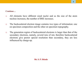 6
Mr. S. P. Shinde
o All elements have different sized nuclei and as the size of the atom
nucleus increases, the number of BSE increases.
o The backscattered electron image contains two types of information: one
on specimen composition and the other on specimen topography.
o The generation region of backscattered electrons is larger than that of the
secondary electrons, namely, several tens of nm; therefore backscattered
electrons give poorer special resolution than secondary, they are less
influenced by charge-up.
Continue…
 