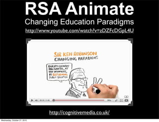 http://www.youtube.com/watch?v=zDZFcDGpL4U
Changing Education Paradigms
RSA Animate
http://cognitivemedia.co.uk/
Wednesday, October 27, 2010
 