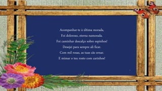 Acompanhar-te à última morada,
Foi doloroso, eterna namorada.
Foi caminhar descalço sobre espinhos!
Desejei para sempre ali ficar.
Com mil rosas, as tuas cãs ornar.
E mimar o teu rosto com carinhos!
 