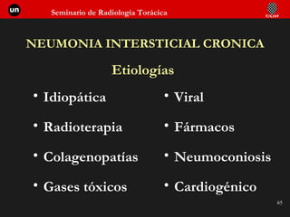 NEUMONIA INTERSTICIAL CRONICA Etiologías Idiopática Radioterapia Colagenopatías Gases tóxicos Viral Fármacos Neumoconiosis Cardiogénico 
