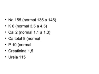 Na 155 (normal 135 a 145) K 6 (normal 3,5 a 4,5) Cai 2 (normal 1,1 a 1,3) Ca total 8 (normal P 10 (normal  Creatinina 1,5 Ureia 115 