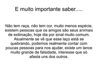 E muito importante saber.....


Não tem raça, não tem cor, muito menos espécie,
existem pessoas que os amigos são seus animais
  de extimação, hoje dia por sinal muito comum.
     Atualmente se vê que esse laço está se
   quebrando, podemos realmente contar com
poucas pessoas para nos ajudar, existe um lance
   muito grande de falsidade, interesse que só
             afasta uns dos outros.
 